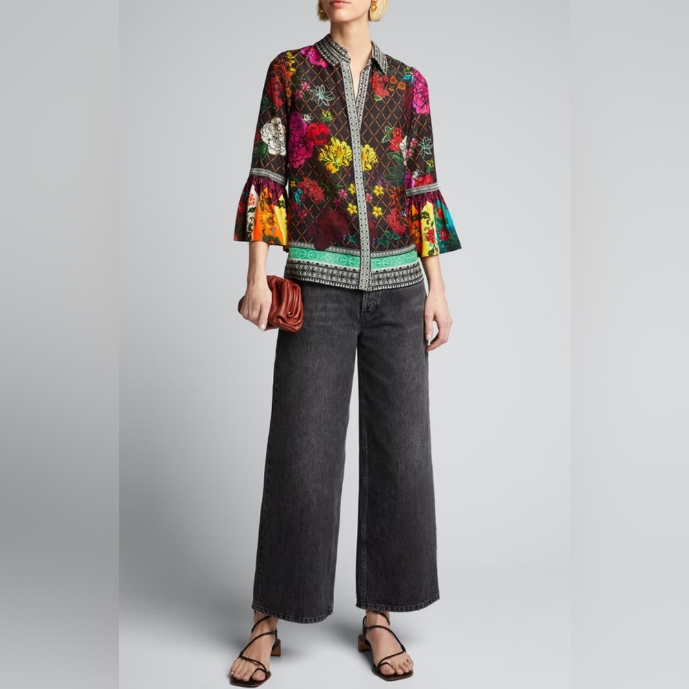 Alice + Olivia Rivera Ruffle-Sleeve Button-Down Cotton/Silk Top.